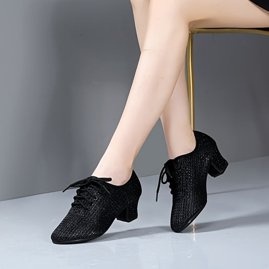 Women's Mesh Breathable Dance Shoes Chunky Heels Jazz Balloon Training Shoes