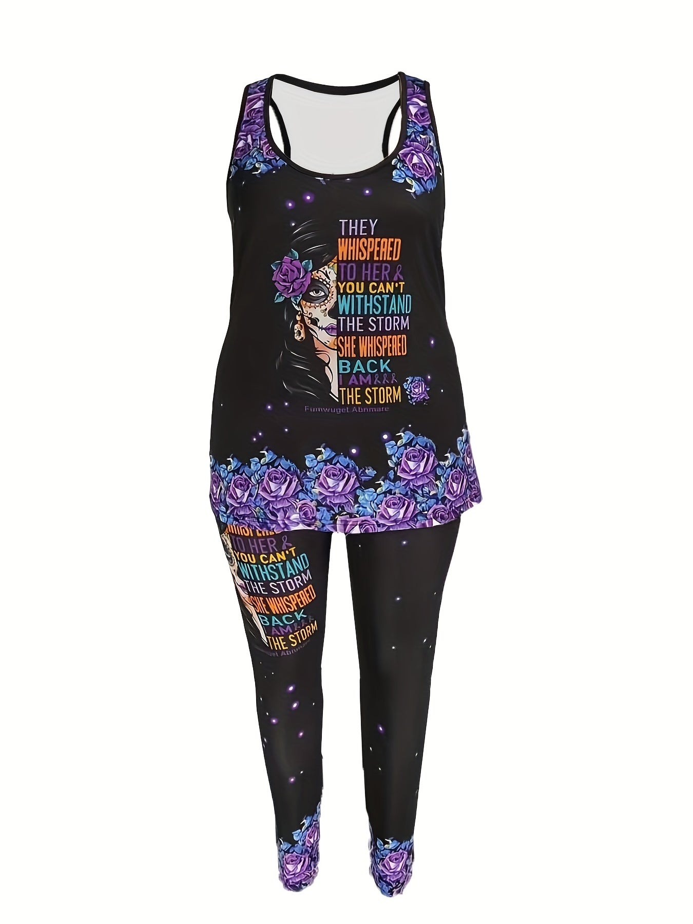 Women's Plus Floral Skull & Slogan Print Tank Top & Leggings Outfit Set