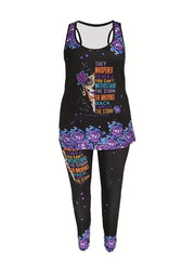 Women's Plus Floral Skull & Slogan Print Tank Top & Leggings Outfit Set