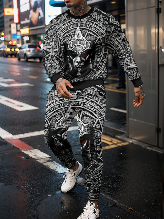 Men's Printed Crew Neck Sweatshirt Stretch Joggers Set