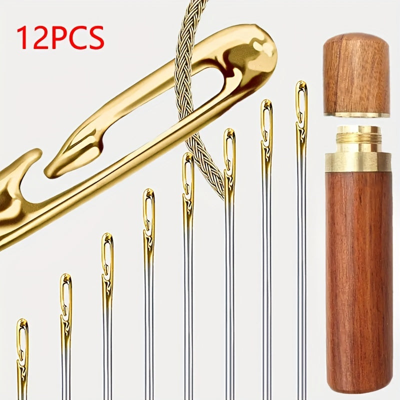 12pcs Hand Sewing Needles Big Eye Hole Wooden Storage Box