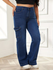 Women's Plus Solid High Rise Cargo Jeans - Button Fly Straight Leg