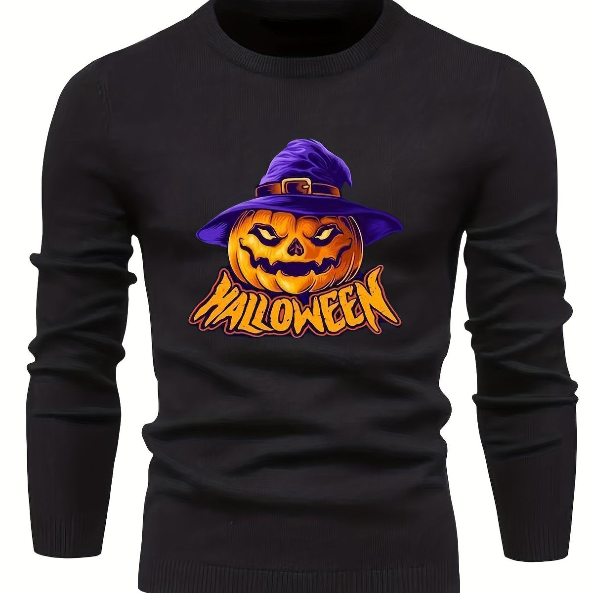 Cartoon Pumpkin Jack O Lantern With Wizard Hat Slim Fit Sweater