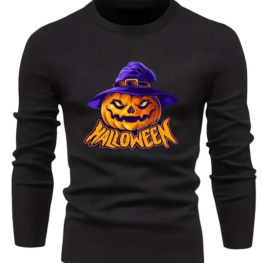 Cartoon Pumpkin Jack O Lantern With Wizard Hat Slim Fit Sweater