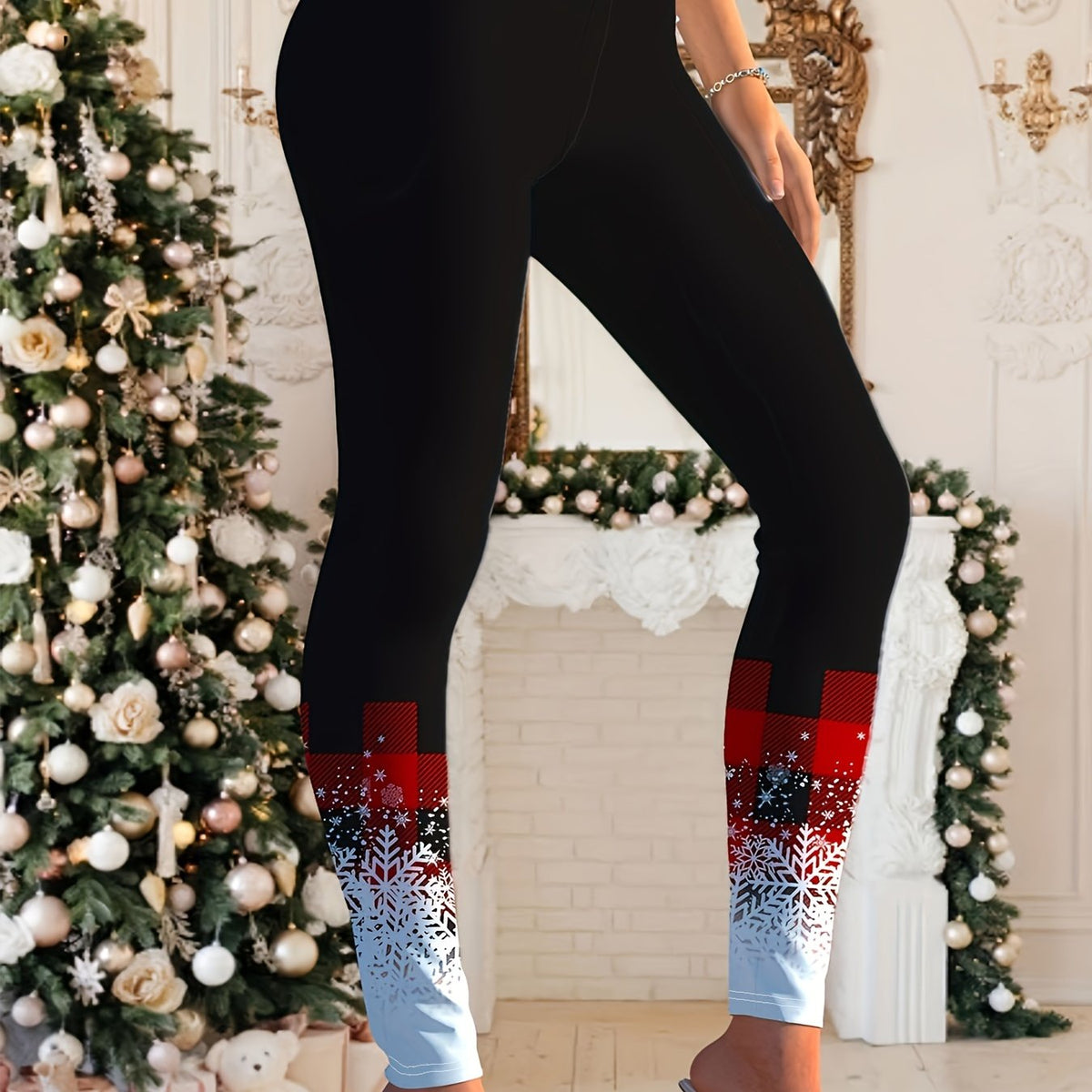  Plaid Snowflake Print Mid Waist Leggings