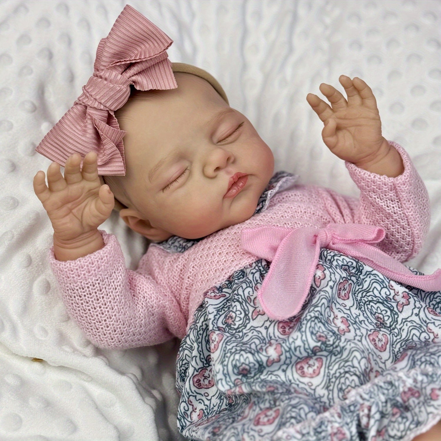 Beige Asleep Reborn Baby Doll, Pink Flower Dress, Headband Set