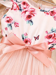Girls Flower Sleeveless Ruffled Mesh Princess Dress With Belt