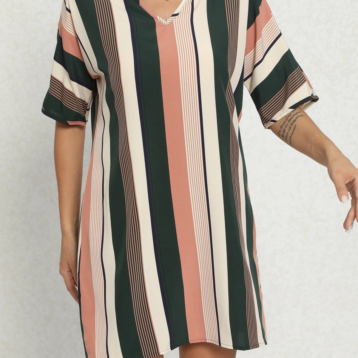  Stripe Print Batwing Sleeve Notched Neck Mini Dress