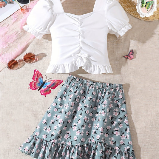 Girl's Summer 2 Piece Crop Top Short Set Floral Pleated Mini Skirt