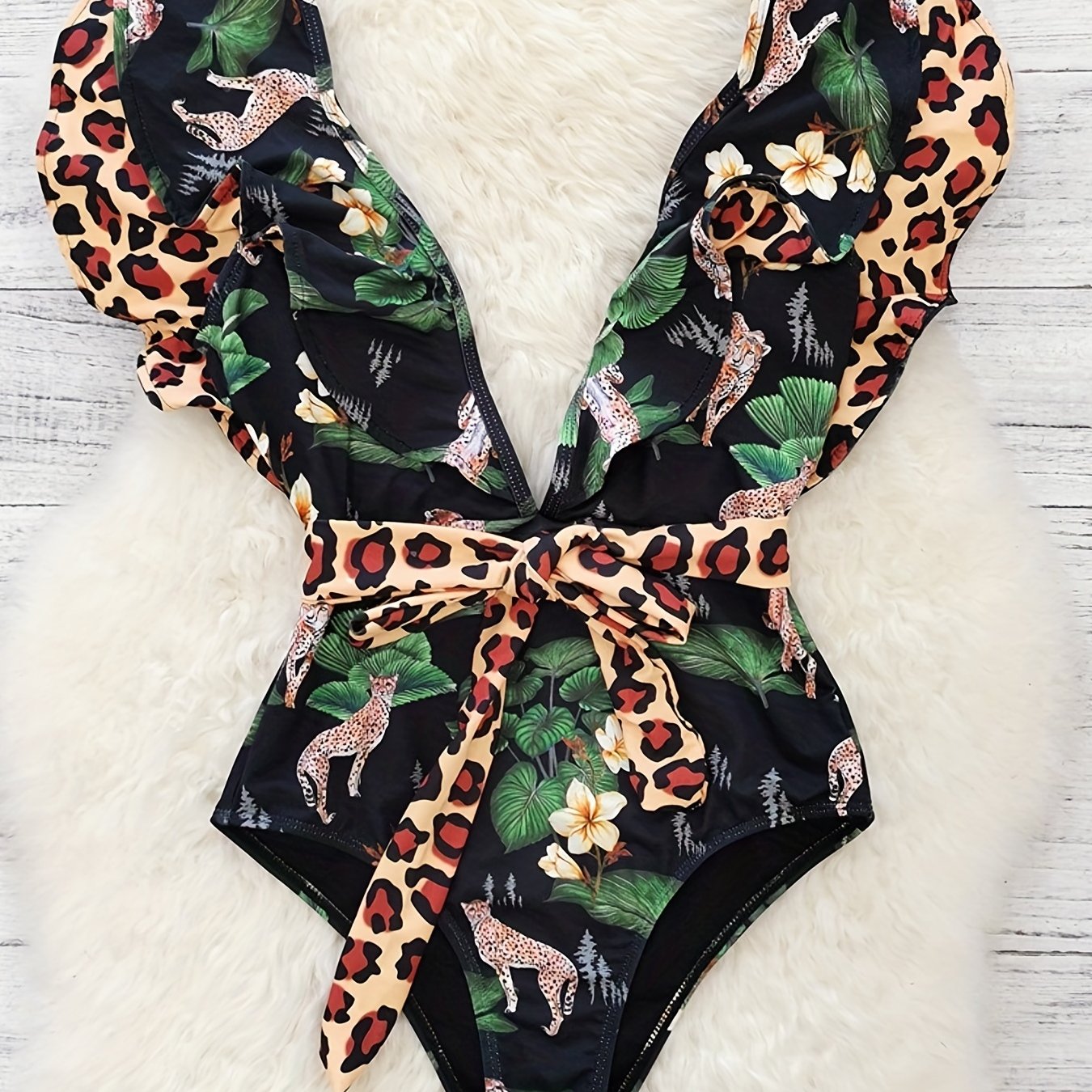Leopard Print Ruffle Trim Tie Belt One Piece Swimsuit