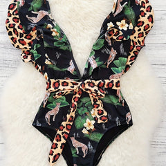 Leopard Print Ruffle Trim Tie Belt One Piece Swimsuit