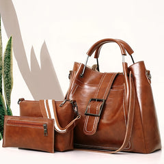 3pcs Vintage Style Tote Bag Set PU Leather Handbag Crossbody Bag & Card Bag