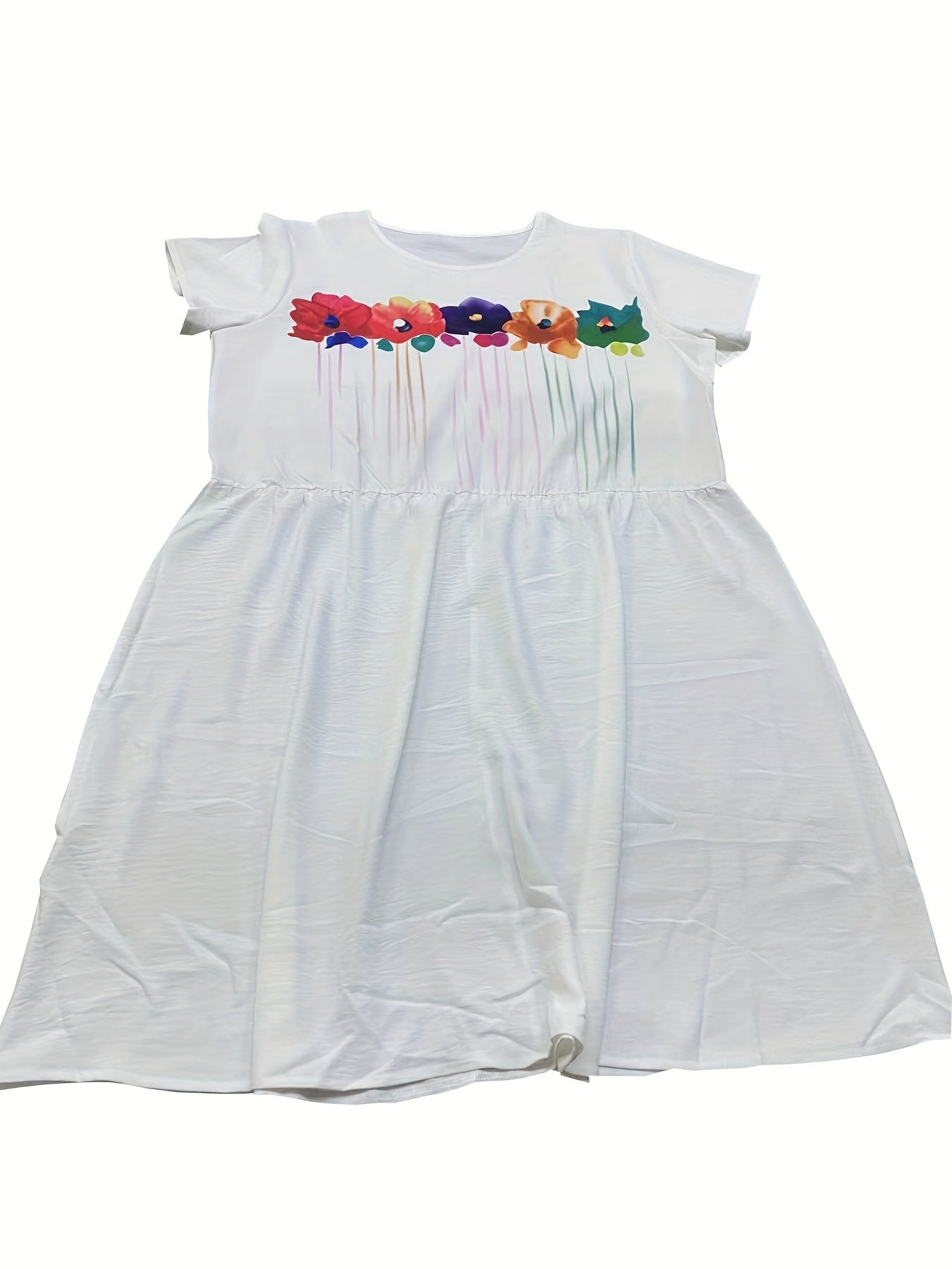  Casual Dress Women's Plus Colorful Flower Print Short Sleeve