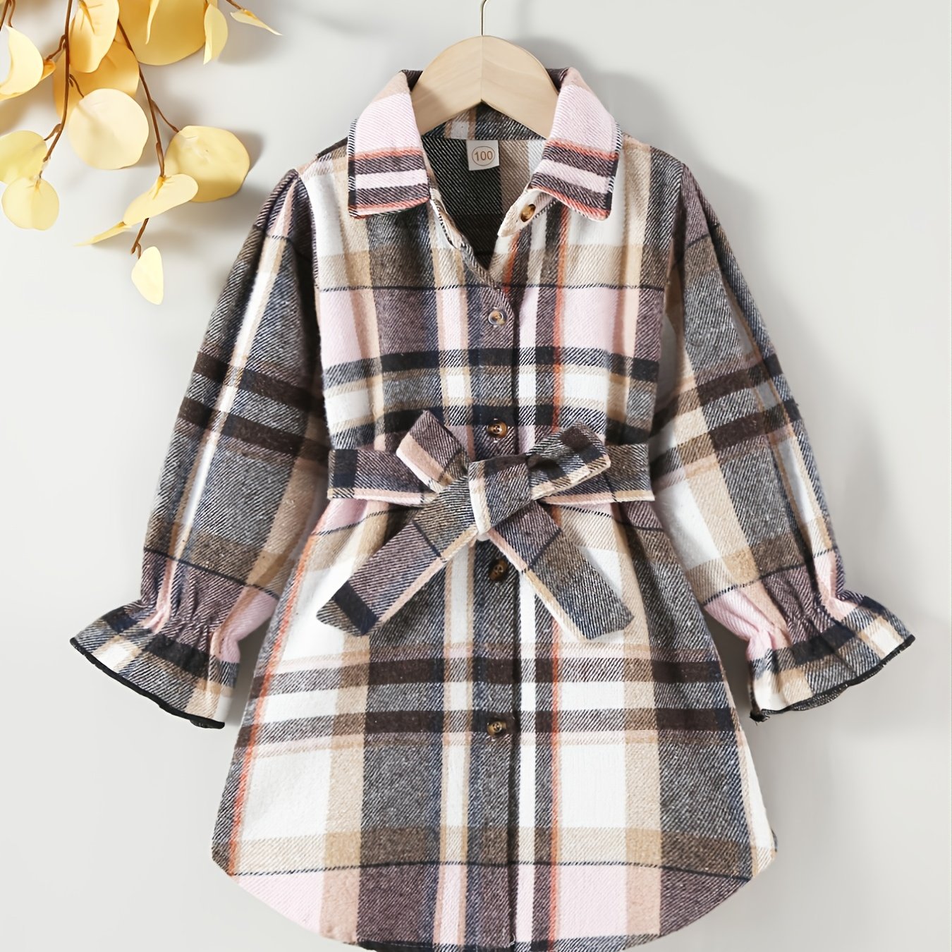 Girls Plaid Button Down Jacket with Belt
