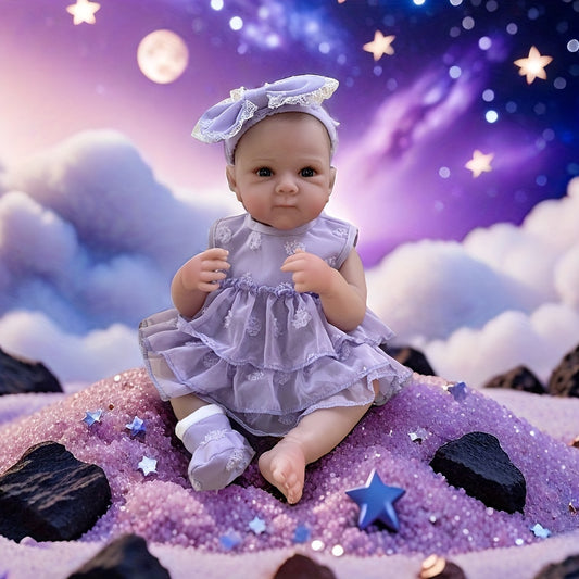 Open Eyes Bettie Full Body Vinyl Girl Doll with Painted Hair in Purple Dress