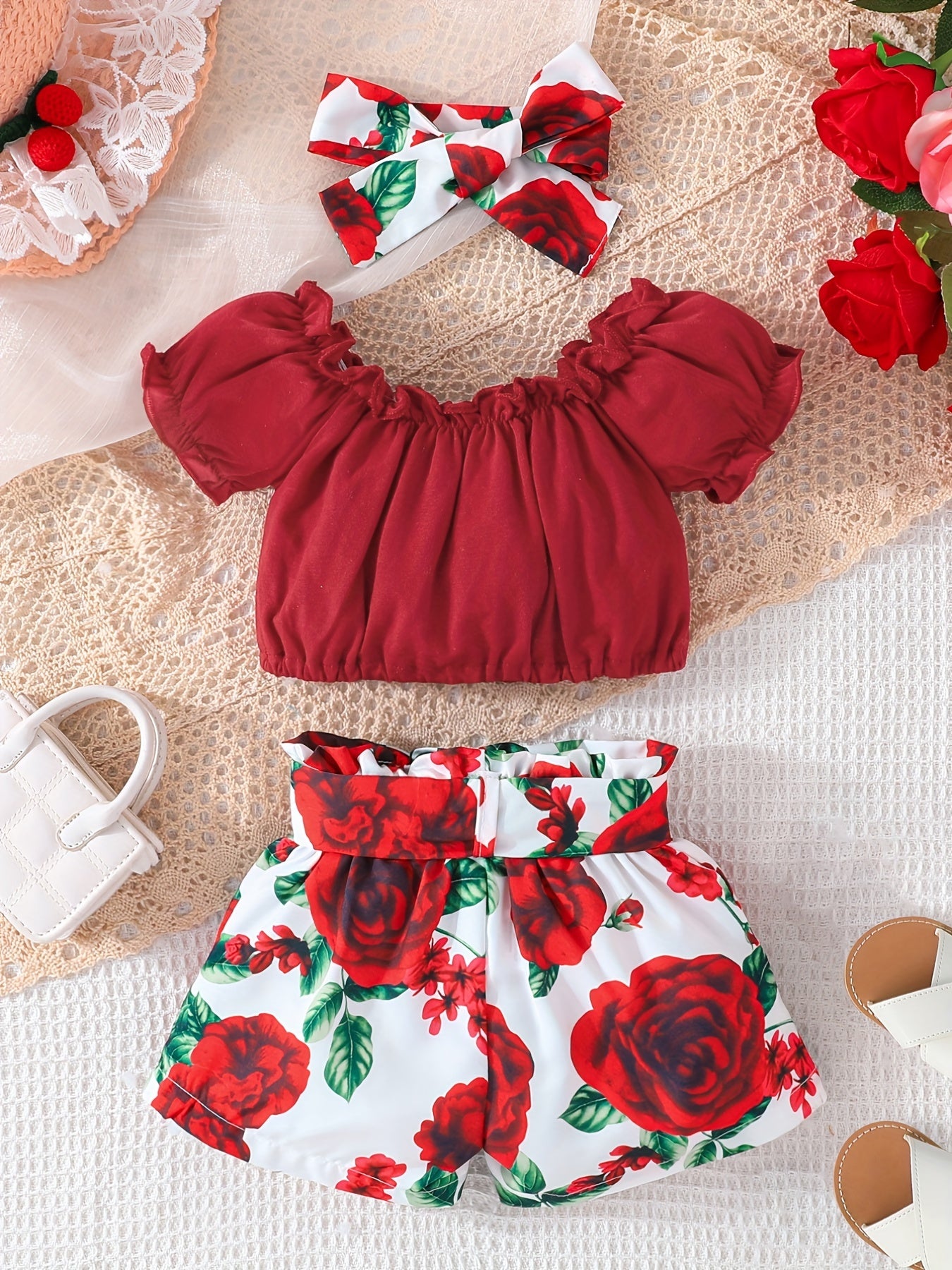 3pc Baby Girls Crop Tops & Floral Shorts Set With Belt & Headband