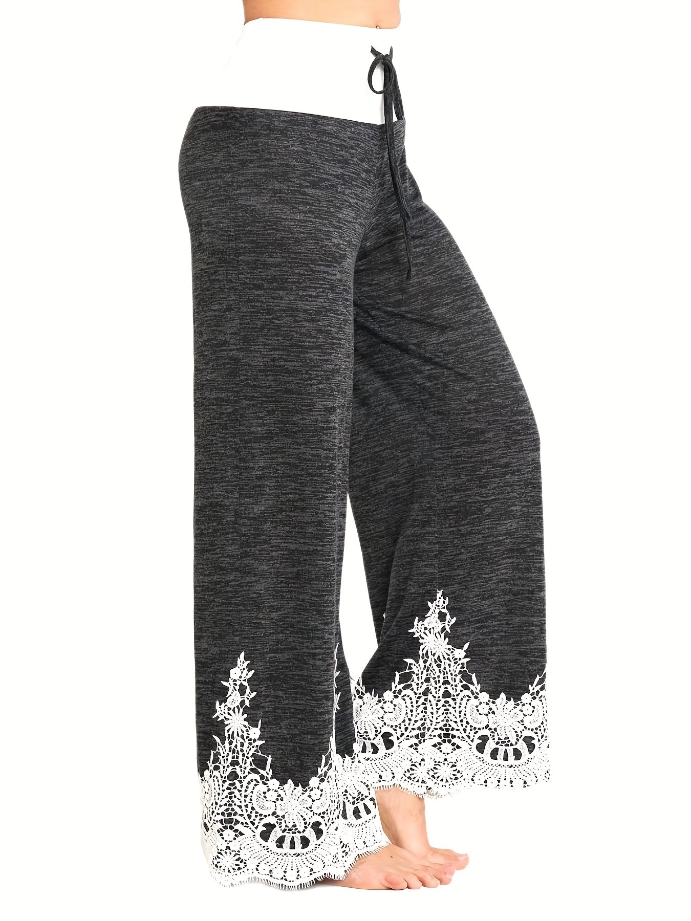  Contrast Lace Trim Elastic Drawstring Pants