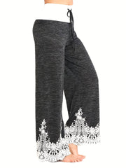  Contrast Lace Trim Elastic Drawstring Pants