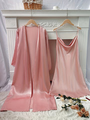 Satin Pajama Set & Robe Long Sleeve V Neck Slip Dress