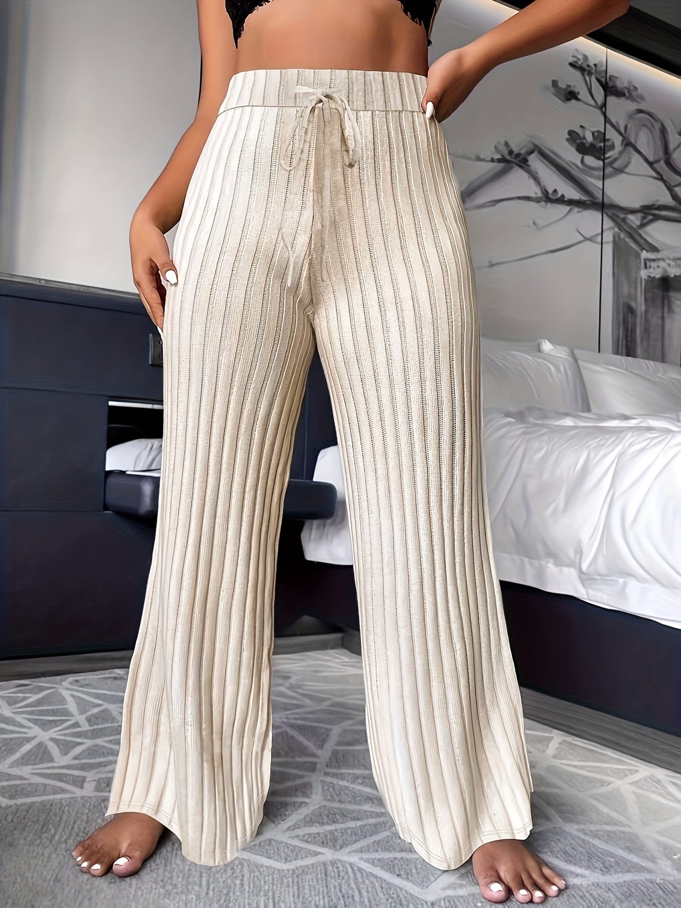  Solid Ribbed Drawstring Elastic High Rise Pants