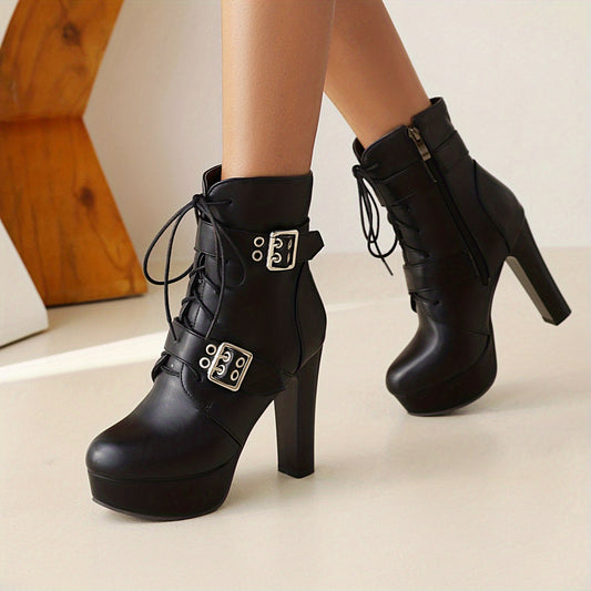 Women's Buckle Strap Ankle Boots Lace Up Block Heels