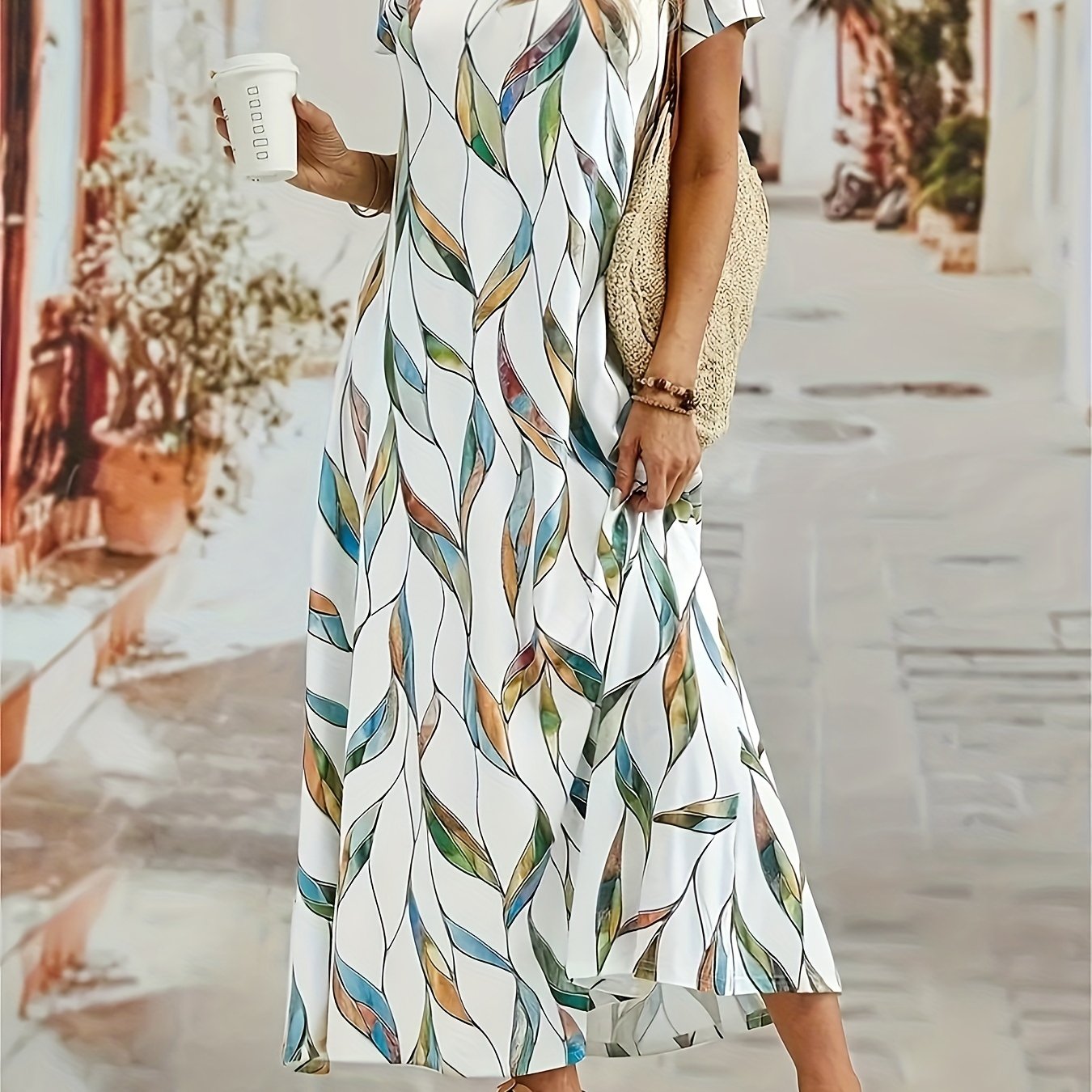  Leaf Print Maxi Dress Short Sleeve Square Neck Medium Stretch