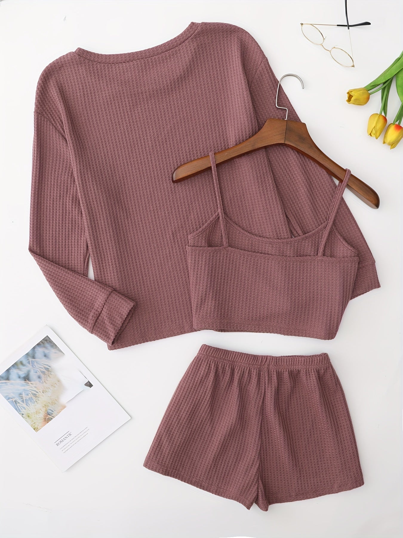 Waffle Lounge Set Long Sleeve Crew Neck Top & Shorts Women's Loungewear