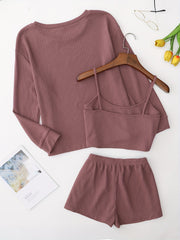 Waffle Lounge Set Long Sleeve Crew Neck Top & Shorts Women's Loungewear
