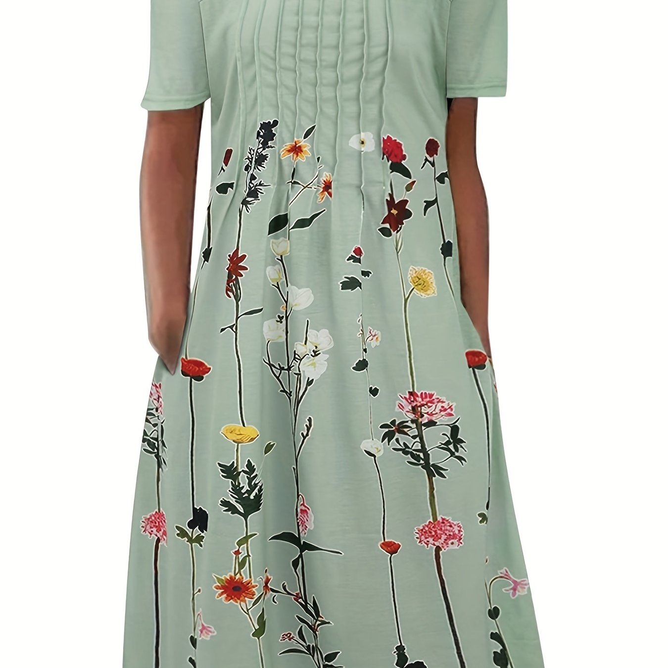  Floral Print Pleated Short Sleeve Dress