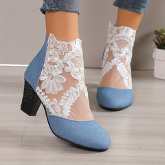 Women's Mesh Block Heel Boots Embroidered Back Zip Ankle Boots