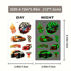 10 Sheets Glow in The Dark Racing Vehicles Temporary Tattoos