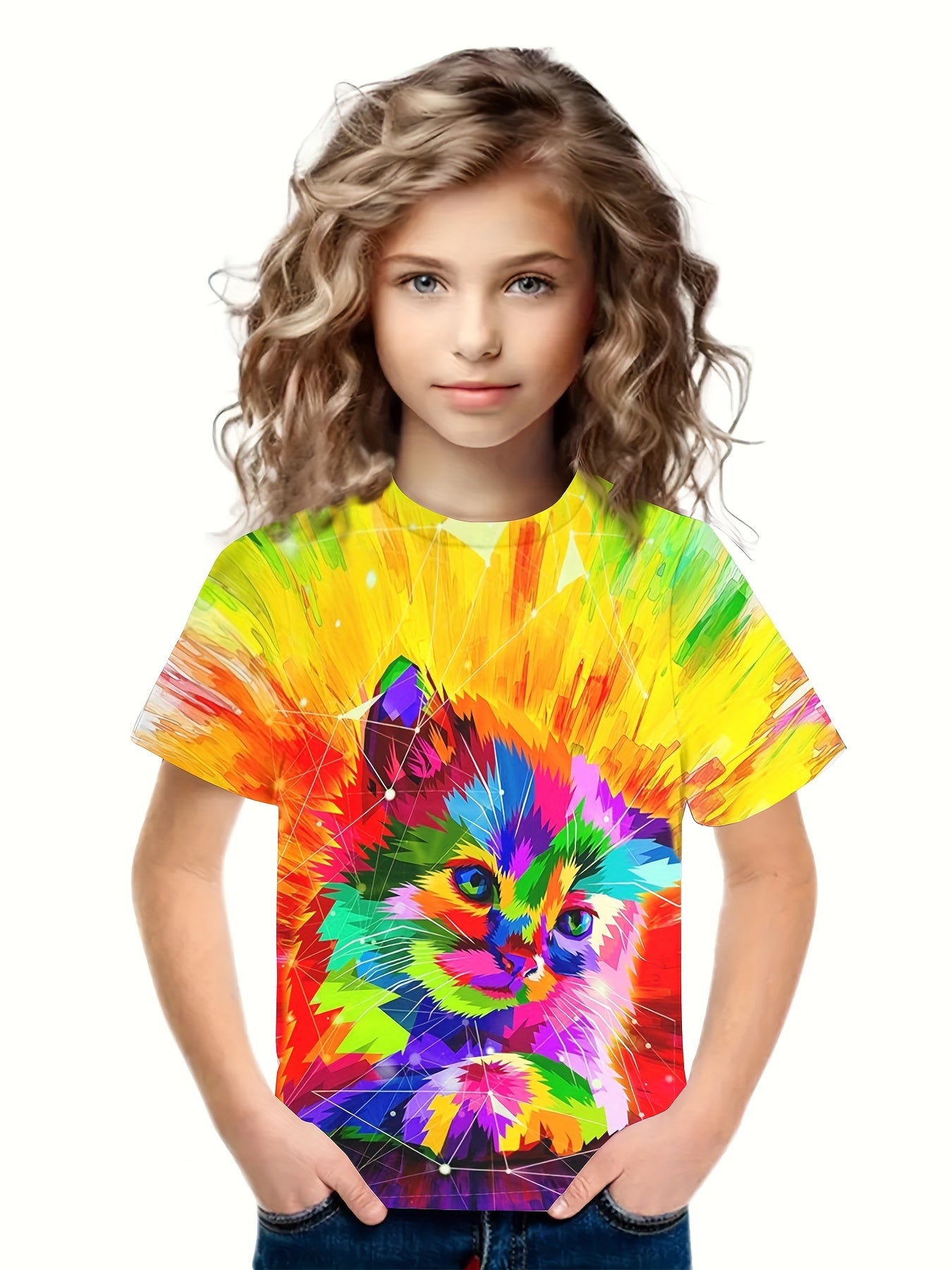 3D Rainbow Tie Dye Kitty Graphic Short Sleeve T shirt For Girls boys