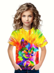 3D Rainbow Tie Dye Kitty Graphic Short Sleeve T shirt For Girls boys