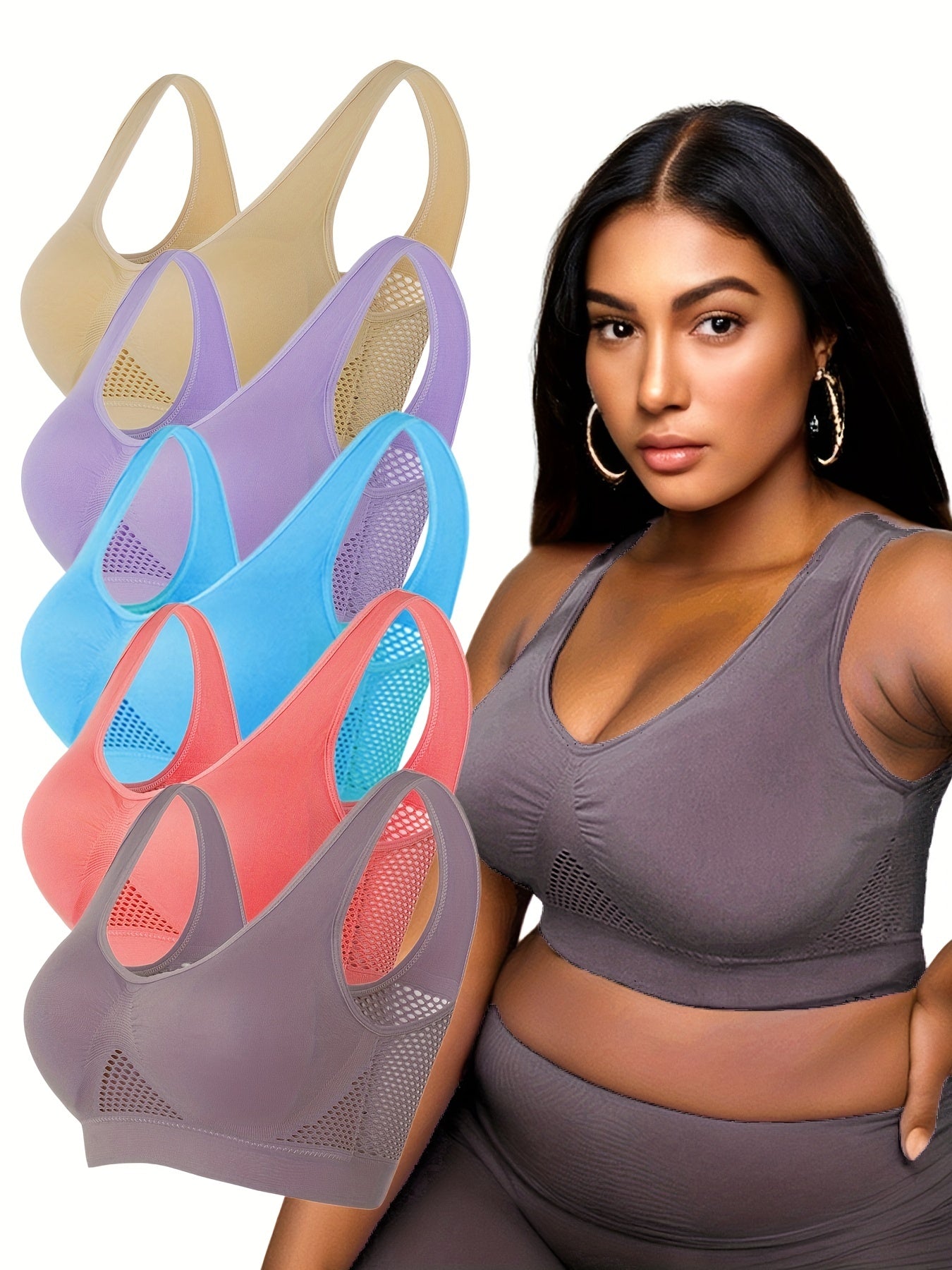 5 Pack Plus Size Casual Bras Set Solid Seamless Wireless Supporting