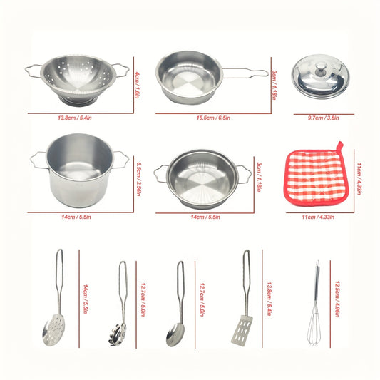 Kids Stainless Steel Pretend Kitchen Set with Cooking Utensils