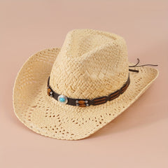Western Cowboy Straw Hat With Large Wood Beads Turquoise Leather Belt