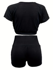 Sporty Solid Two piece Set Short Sleeve Crop Top & Skinny Shorts