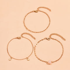 3 Pcs Moon Pendant Anklet Set 14K Plated Zinc Alloy Bracelet
