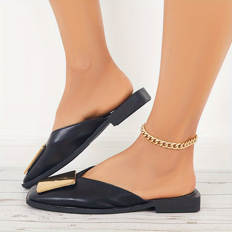 Women's Square Toe Flat Mules Square Metal Decor Closed Toe Slide Shoes