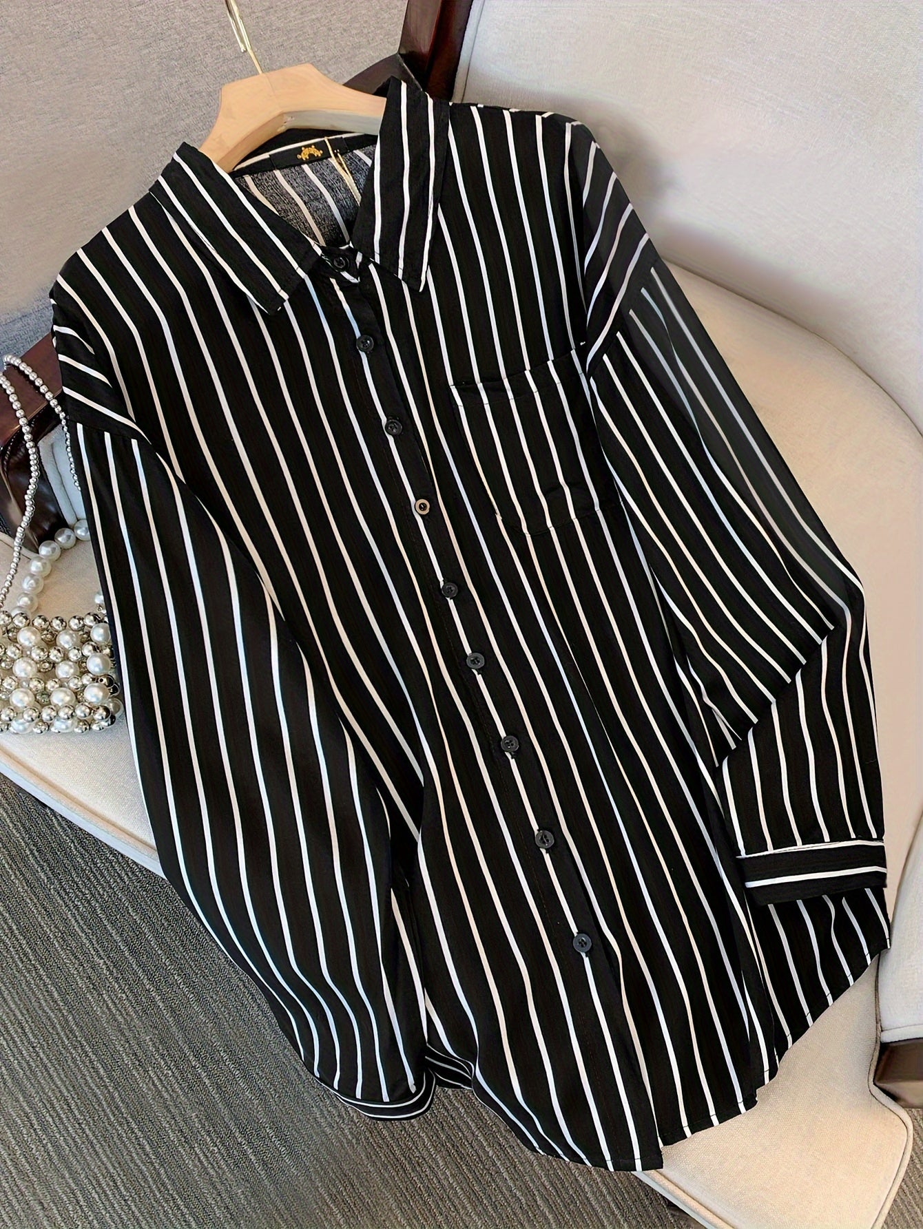  Stripe Print Button Up Long Sleeve Blouse