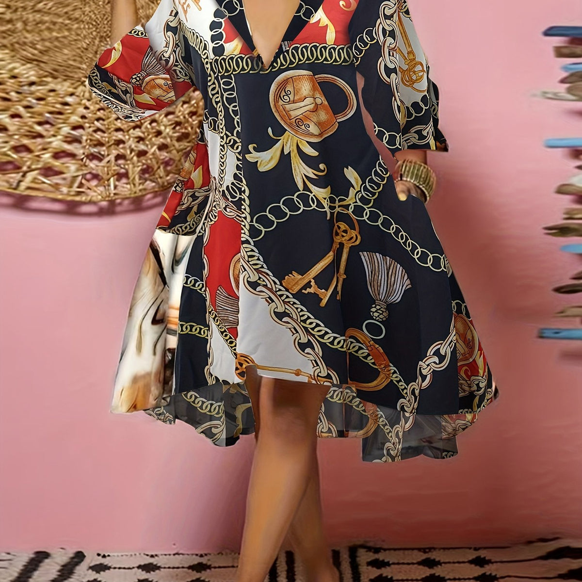 Plus Size Chain Print V Neck Dress With Pockets