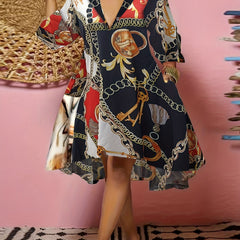 Plus Size Chain Print V Neck Dress With Pockets