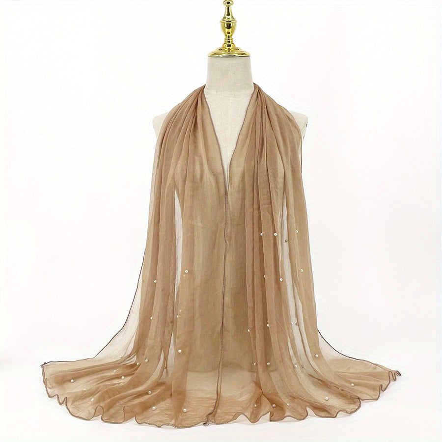 Boho Chiffon Scarf with Pearls Solid Shawl Thin Long Beach Towel
