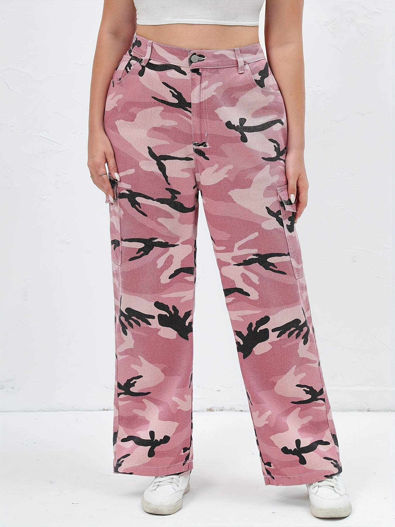 Women's Plus Camo Print Button Fly High Rise Cargo Jeans