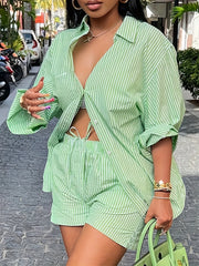Striped Two Piece Shirt & Shorts Set for Women