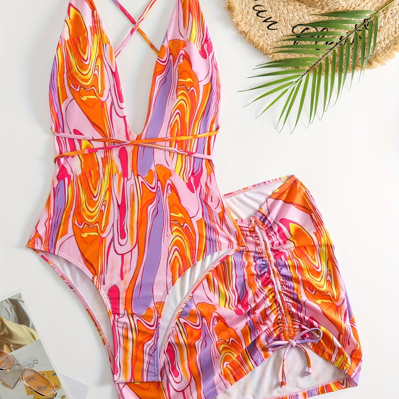 Criss Cross Strap Backless Swimsuit Set With Cover Up Skirt