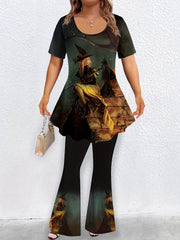  Halloween Cartoon Print Top & Flared Leg Pants Outfit Set
