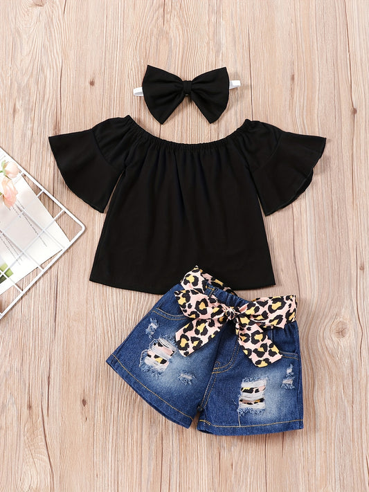 3pc Girls Off Shoulder Top & Denim Jeans Set + Headband