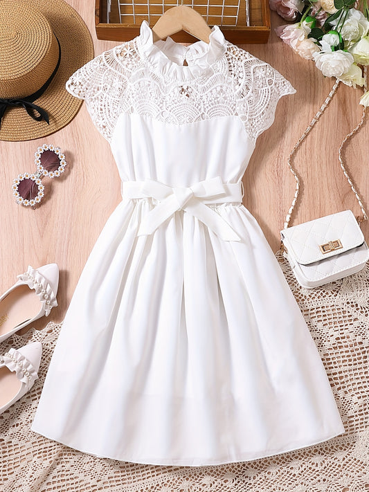 Girls Lace Sleeveless A Line Belted Princess Dress For Kids Children