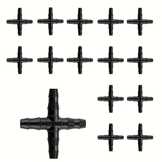 15pcs 4 Way Barbed Connector for Drip Irrigation 4 7mm Pipes